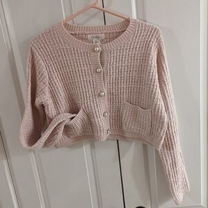 Cropped boxy light pink cardigan with pearl buttons